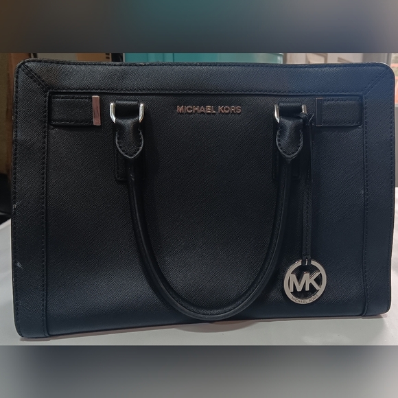 Michael Kors Black Saffiano Leather Tote Satchel Bag with MK Charm - Picture 1 of 10